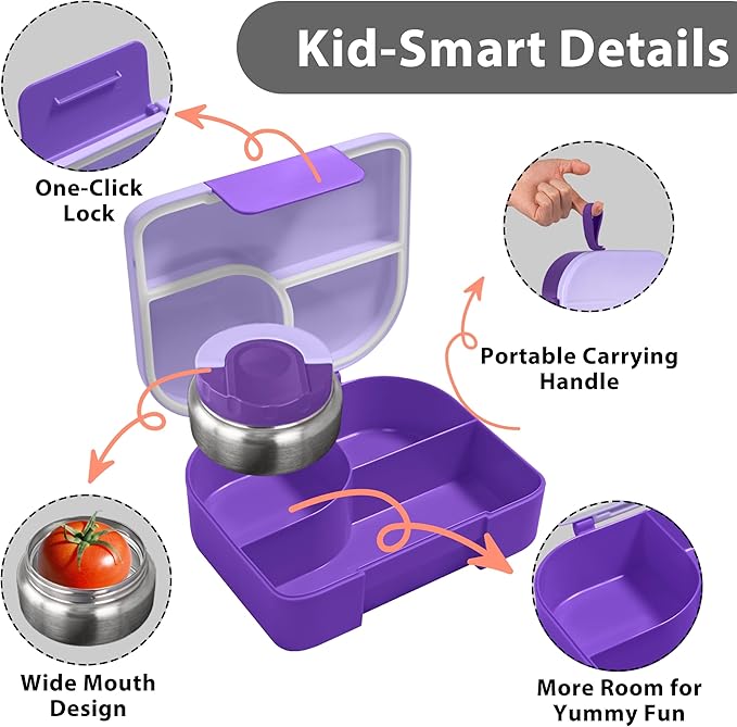 TinyPalsa Bento Box for Kids, 3 Compartment Kids Lunch Box with 10oz Leak Proof Thermos Food Jar, Easy-Open Latch, Dishwasher Safe, Ideal for School, Daycare, Travel with Portable Handle (Purple)