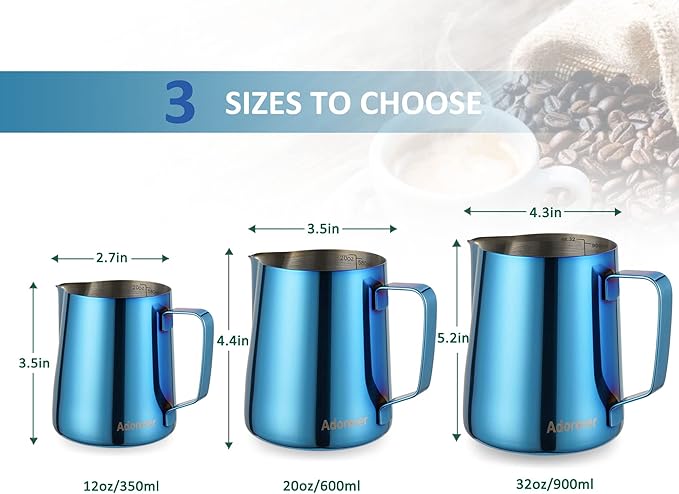 Milk Frothing Pitcher, 350ml (12oz) Steaming Pitchers Stainless Steel Milk Coffee Cappuccino Latte Art Barista Steam Pitchers Milk Jug Cup with Decorating Art Pen, Blue