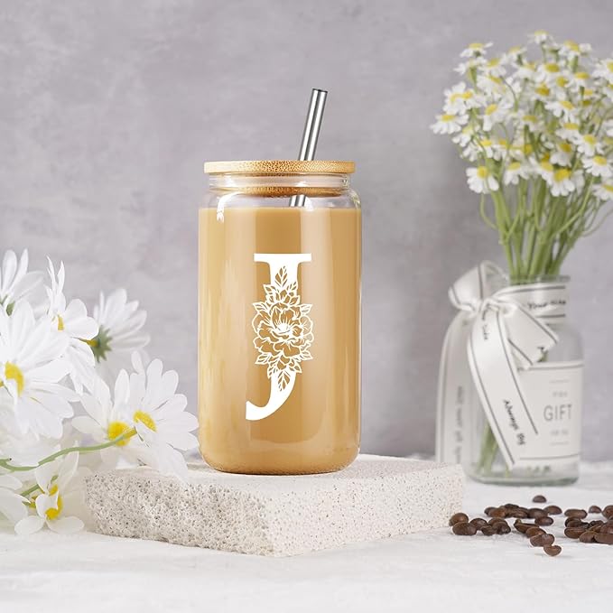 Coolife Initial Glass Cup, Monogrammed Gifts for Women, 16 oz Glass Cups w/Lids Straws, Iced Coffee Smoothie Beer Tumbler w/Straw Lid - Personalized Christmas, Birthday Gifts for Her Mom Friend Woman