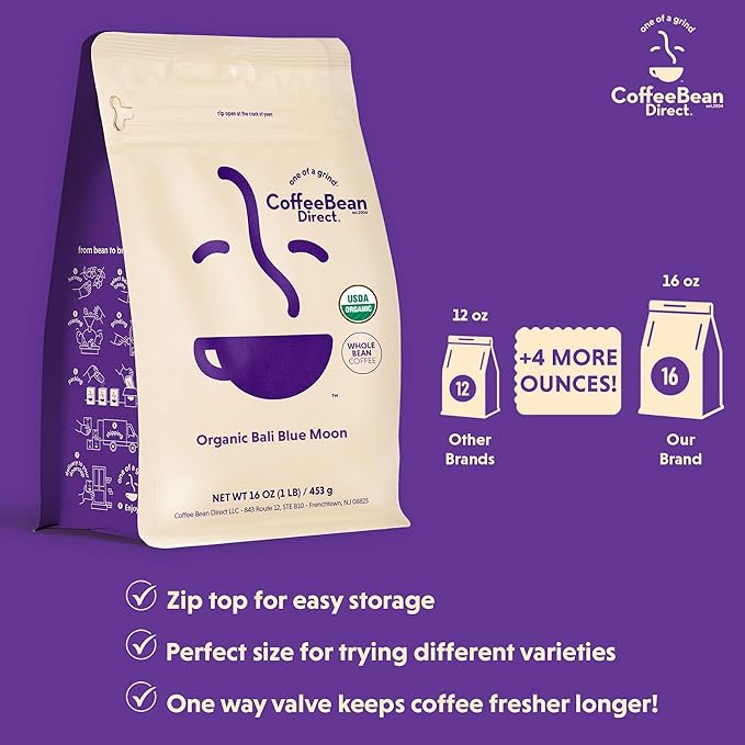 Coffee Bean Direct Organic Bali Blue Moon, Whole Bean Coffee, Light Roast, 1 Pound Bag (Pack of 1)