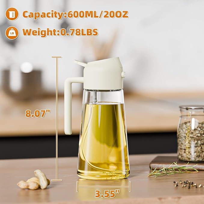 Marbrasse Oil Dispenser for Kitchen,20 OZ /600ml Leakproof Glass Oil Bottle with Auto Flip Cap,Olive Oil Dispenser for Kitchen Cooking（Beige）