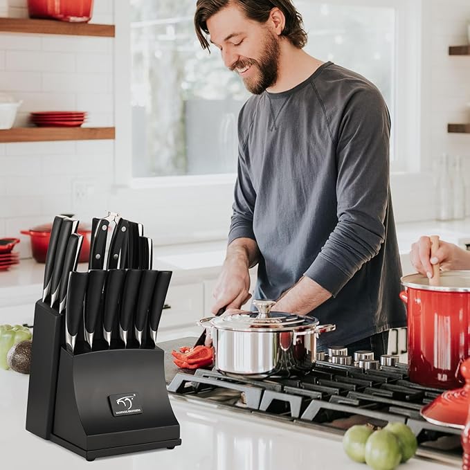 NANFANG BROTHERS Damascus Kitchen Knife Set, 15-Piece with Block, ABS Ergonomic Handle, Carving Fork, Disconnect-type Knife Block (Black)