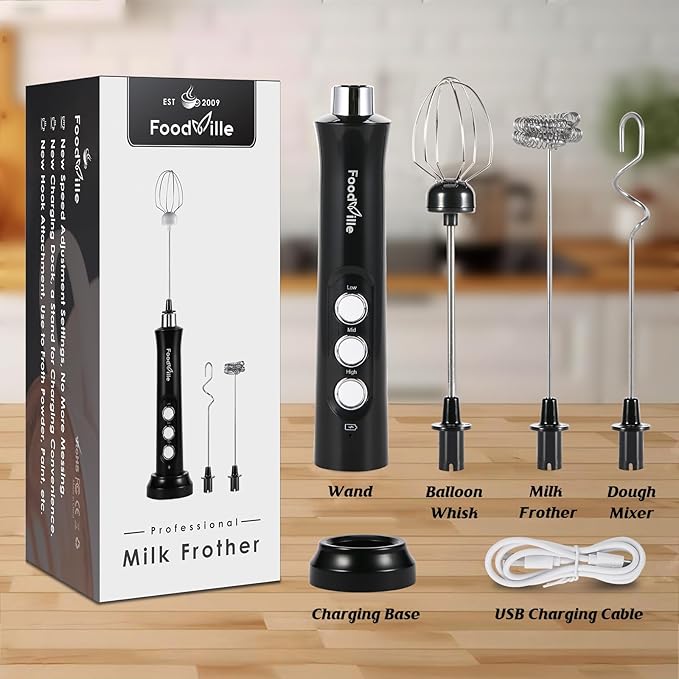 MF09 3 in 1 Rechargeable Milk Frother Handheld Foam Maker with Charging Stand & 3 Stainless Steel Whisks (Black without Case)