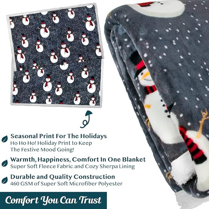 PAVILIA Premium Christmas Sherpa Throw Blanket | Snowman Decoration, Fleece, Plush, Warm, Cozy Reversible Microfiber Holiday Blanket 50 x 60