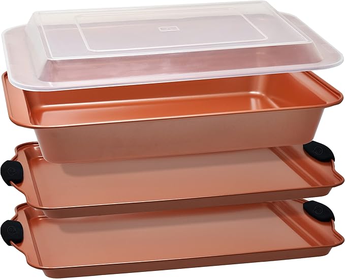 Perlli Baking Sheet 4 Piece Set Nonstick Copper Carbon Steel Oven Bakeware Kitchen Set with Silicone Grips, Includes 2x 9x13" Cookie Sheets, 9x13" Baking Pan with Plastic Lid