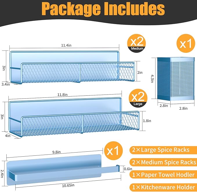 Magnetic Spice Rack for Refrigerator, 6 Pack 100% Metal Strong Magnet Shelf, Space Saving Spice Organizer, Home Kitchen Laundry Room Storage Organization W/ Paper Towel Holder, Utensils Racks ( Blue)
