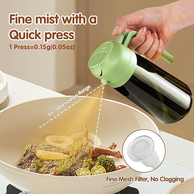 YARRAMATE 2PCS 16oz/470ml Oil Sprayer for Cooking with Stickers, Food-Grade 2 in 1 Olive Oil Dispenser Bottle for Kitchen, Premium Dark Green Glass Oil Bottle for Air Fryer, BBQ (White & Green)