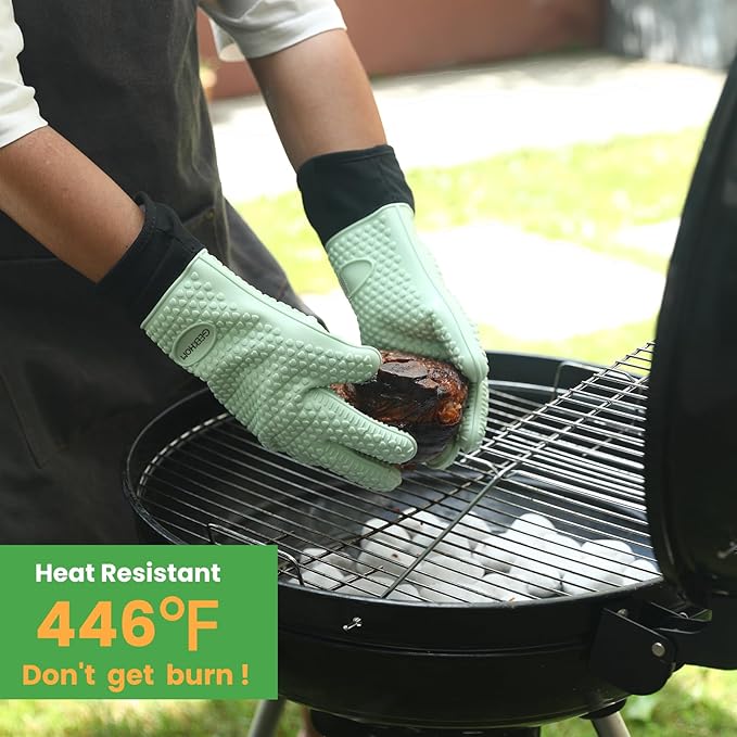 GEEKHOM BBQ Gloves Heat Resistant Oven Mitts - Silicone Grilling Gloves with 13.7" Arm Protection - Waterproof Pot Holder Non-Slip for Men & Women, Kitchen Outdoor Cooking, Baking, Camping, Mint Green