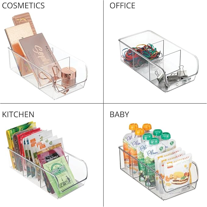 mDesign Plastic Food Storage Bin Organizer with 3 Compartments for Kitchen Cabinet, Pantry, Shelf, Drawer, Fridge, Freezer Organization - Holds Snack Bars - Ligne Collection - 2 Pack - Clear
