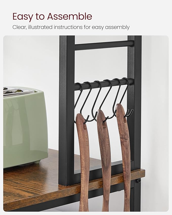 VASAGLE Coffee Bar, Baker’s Rack for Kitchen with Storage, 6-Tier Kitchen Shelves with 6 Hooks, Microwave Stand, Industrial, 15.7 x 23.6 x 65.7 Inches, Rustic Brown and Black UKKS024B01