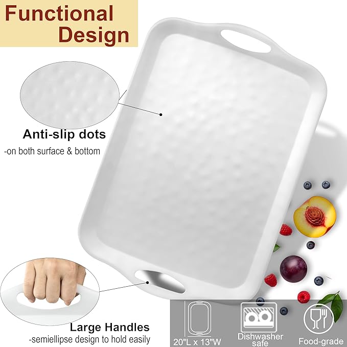 Extra Large 20" x 13" Serving Platters for Turkey, Cookie, Cupcakes, Gift Ready Melamine Serving Tray with Handles for Party Entertaining, Raised Dots & Matt Finish, Set of 2, White