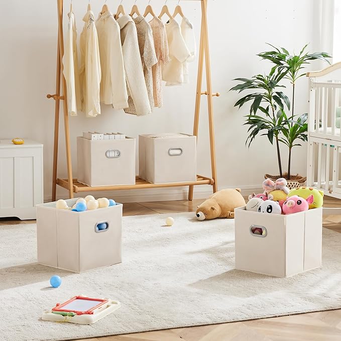 MAX Houser 6 Pack Foldable Fabric Storage Bins with Handles - Ideal for Closet Organization, Bedroom and Nursery（ Beige, 12"x12"x12"）