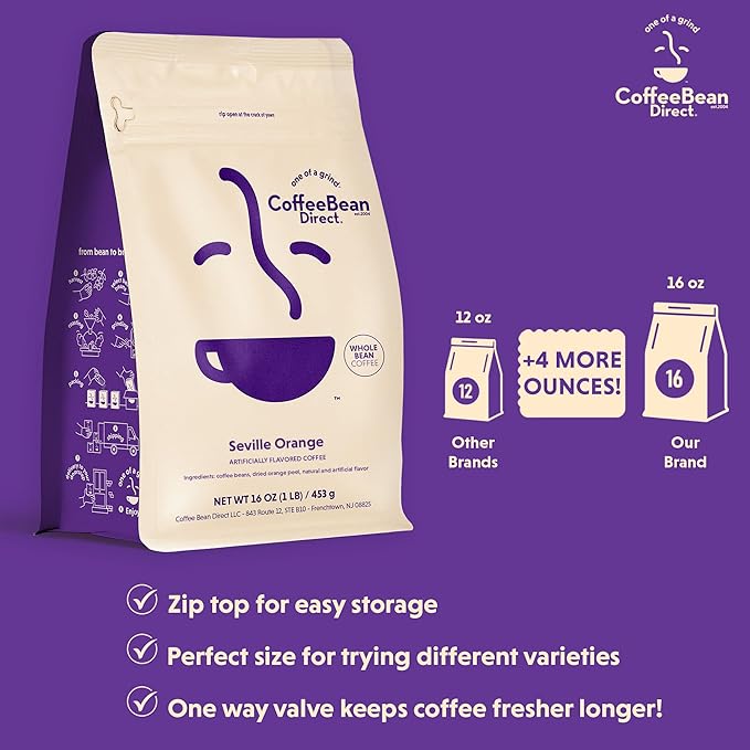 Coffee Bean Direct Seville Orange Flavored, Whole Bean Coffee, 1 Pound Bag (Pack of 1)