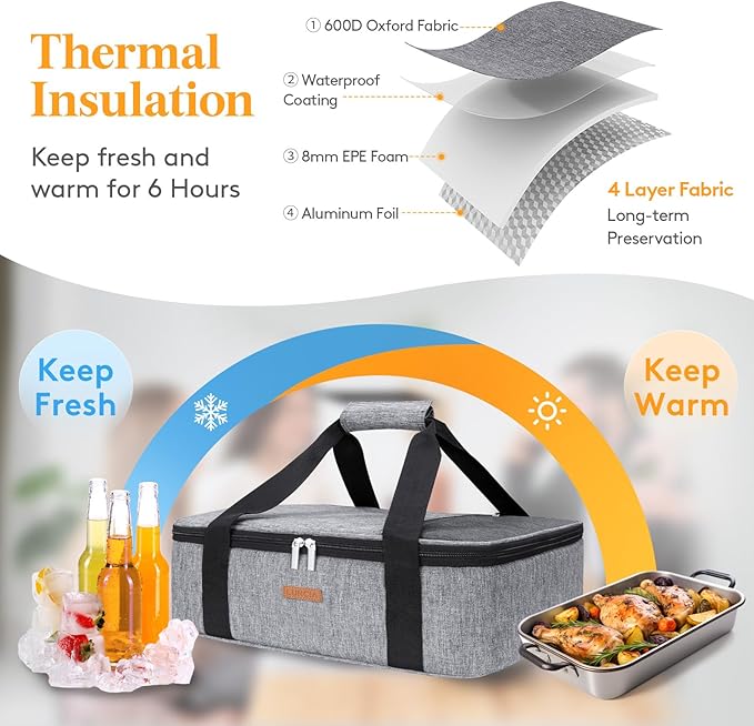 LUNCIA Insulated Casserole Carrier for Hot or Cold Food, Lasagna Lugger Tote for Potluck Parties/Picnic/Cookouts, Fits 9"x13" Baking Dish, Grey