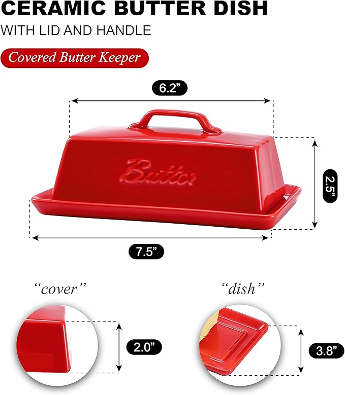 Bruntmor Ceramic Butter Dish With Lid. Butter Holder/ Tray/ Storage With Lid And Handle. Porcelain Butter Keeper For Countertop. Butter Dish With Cover in Red Color.
