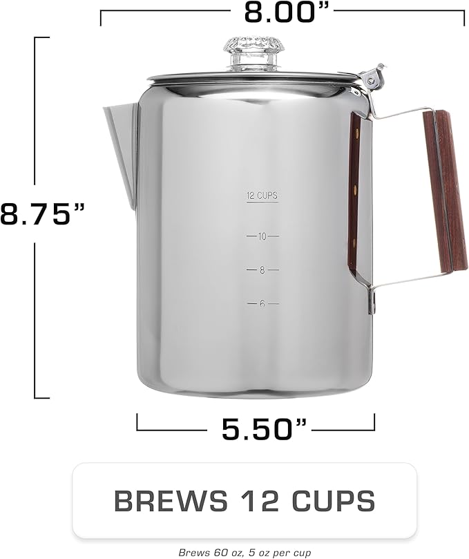 COLETTI Bozeman Percolator Coffee Pot — NO Aluminum or Plastic [12 cup]