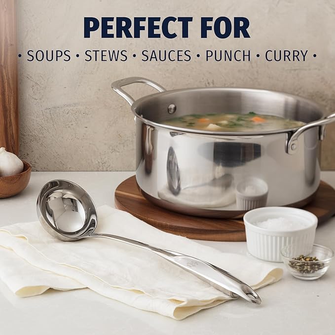 Zulay Kitchen Stainless Steel Soup Ladle - 13” Large Ladle for Soups, Stews & Sauces - Durable, Heat-Resistant, Rust-Proof & Dishwasher Safe Kitchen Utensil with Ergonomic Handle