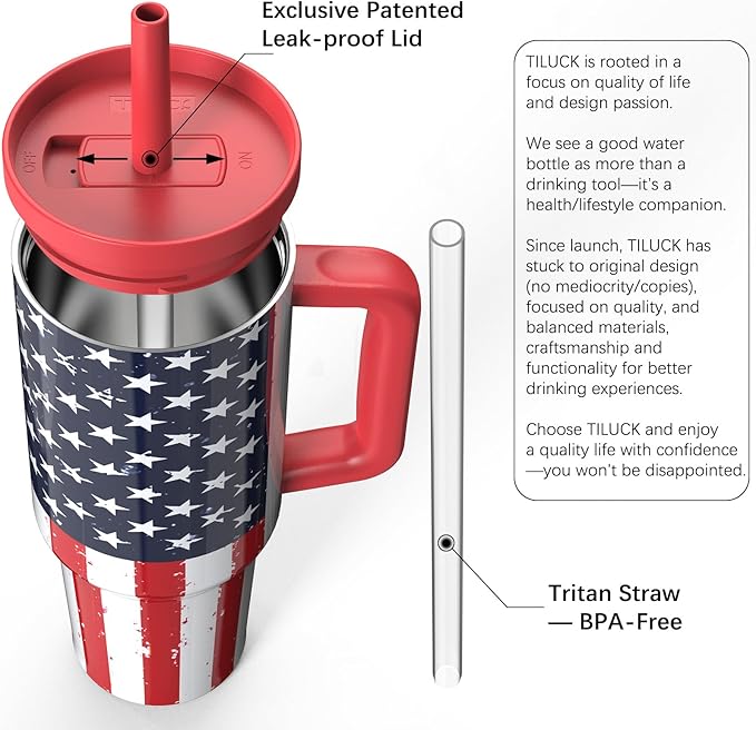 TILUCK 40 oz Tumbler with Handle, Vacuum Insulated Stainless Steel Travel Mug with 100% Leak-Proof Silicone Straw Lid, Cupholder Friendly Water Bottle(RedFlag, 40oz)