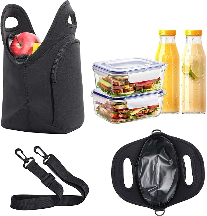CILLA Neoprene Lunch Bag for Women Insulated Lunch Tote Bags Washable Lunch Container Box Picnic Lightweight Meal Prep Bags(Black+)