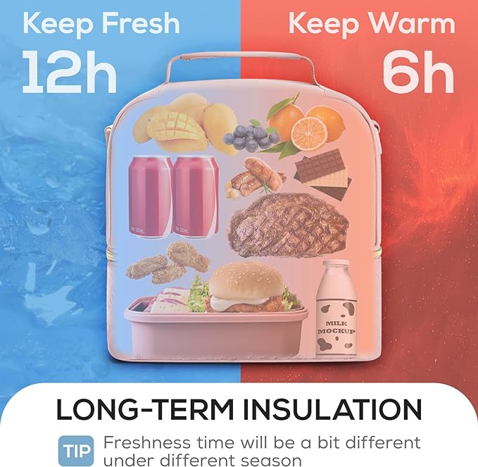 TOURIT Lunch Bag Women Double Deck Lunch Box Insulated Lunch Cooler for Women Men Work, Pink