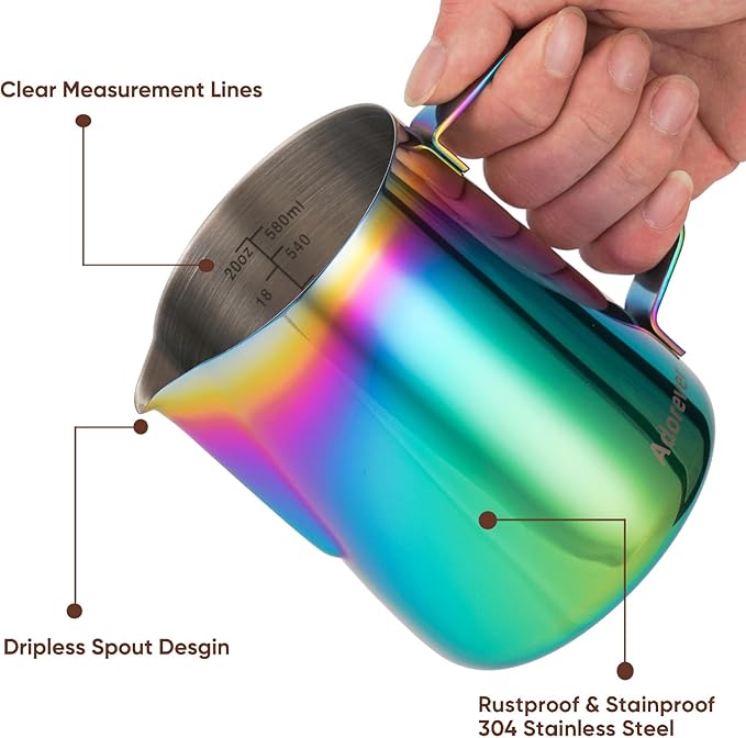 Milk Frothing Pitcher Colorful 600ml (20oz) Steaming Pitchers Stainless Steel Milk Coffee Cappuccino Latte Art Barista Steam Pitchers Milk Jug Cup with Decorating Art Pen