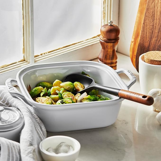 STAUB Serving Spoon, Great for Scooping Sides and Serving Hearty Stews, Durable BPA-Free Matte Black Silicone, Acacia Wood Handles, Safe for Nonstick Cooking Surfaces