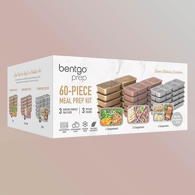 Bentgo Prep 60-Piece Meal Prep Kit - Reusable PFAS & BPA-Free Food Containers, 1-Compartment, 2-Compartment, & 3-Compartments - Microwave, Freezer, & Dishwasher Safe (Gleam Metallics)