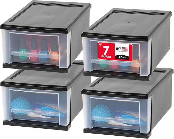 IRIS USA Plastic Stacking, Storage Organizer Unit with Sliding Drawer for Clothes Bedroom Kitchen Under Sink Pantry Craft Room Bathroom Dorm Office, 7 Qt. - 4 Pack, Black