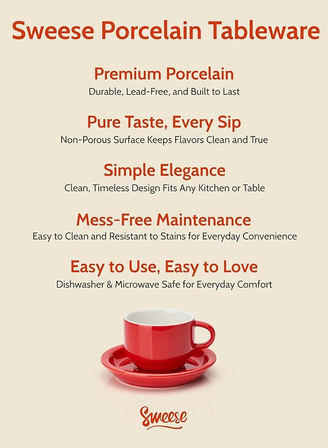Sweese 8 Ounce Porcelain Stackable Cappuccino Cups with Saucers and Metal Stand - for Specialty Coffee Drinks, Cappuccino, Latte, Americano and Tea - Set of 4, Red
