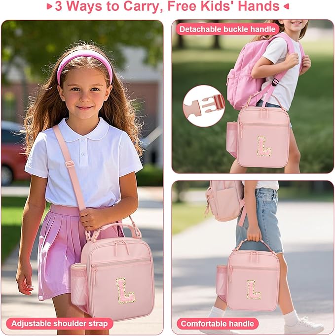 Initial Insulated Lunch Bag for Girls Kids, Back to School Gift, Reusable Leak-proof Lunch Box with Adjustable Strap for School Daycare Travel Picnic (Pink,L)