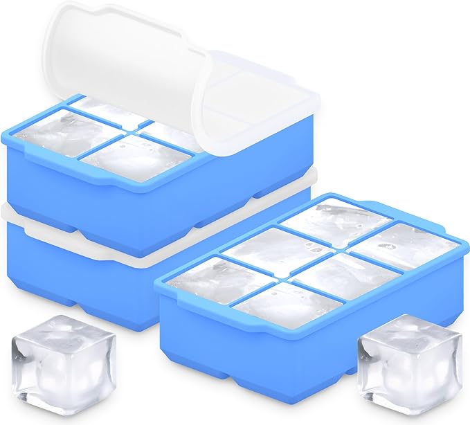 KitchFort Large Silicone Ice Cube Tray (3-Pack), Easy Release 2" Big Ice Cubes - Cocktail, Whiskey Ice Cubes Mold - Ice Trays for Freezer with Lid - Stackable Silicone Ice Tray - Blue