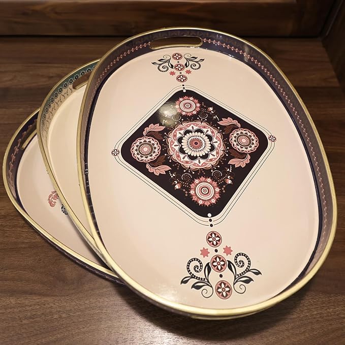Oval Plastic Serving Tray with Handles, Elegant Decorative Tray for Coffee Table, Ottoman, Living Room, Kitchen, Outdoor Use. 10"*16"*1.4" C