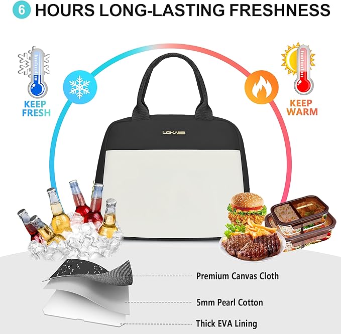LOKASS Lunch Bag for Women-Insulated Adults Lunch Box with Front Pocket- Small Cute Lunch Tote for Work-Reusable Cooler Bag for Office Picnic Beach or Travel（Black）
