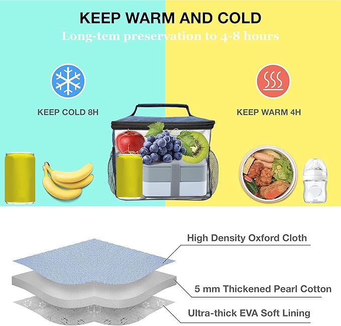 ExtraCharm Insulated Lunch Bag for Women/Men - Reusable Lunch Box for Office Picnic Hiking Beach - Leakproof Cooler Tote Bag Organizer with Adjustable Shoulder Strap for Adults