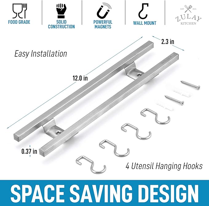 Zulay (12 Inch) Stainless Steel Magnetic Knife Holder For Wall - Powerful Knife Magnetic Strip With Extra Hanging Hooks - Wall Mount Magnetic Knife Strip & Organizer For Kitchen & Tools (Silver)