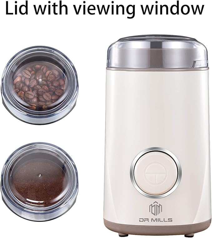 DR MILLS DM-7441W Coffee Grinder Electric, Coffee Bean and Dried Spice Grinder, One Touch Operation, Blade and Cup Made with SUS304 Stainless Steel (White)