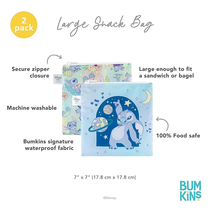 Bumkins Reusable Sandwich and Snack Bags, for Kids School Lunch and for Adults Portion, Washable Fabric, Waterproof Cloth Zip Bag, Travel Pouch, Food-Safe Storage, Large 2-pk, Disney Stitch