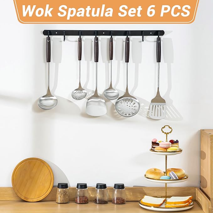 FJNATINH Cooking Utensils Set with Wood Handle, 6 PCS Wok Utensils Tools - Wok Accessories Cookware Set