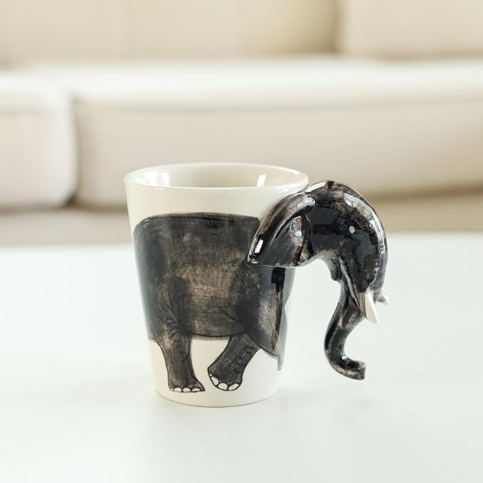 IYARA CRAFT 3D Elephant Coffee Mug 11oz - Handle is Sculpted Trunk, Cute Wildlife Design, Quality Ceramic, Microwave & Dishwasher Safe, Ideal for Tea & Hot Chocolate, 4.5" x 5"… (Black trunk down)
