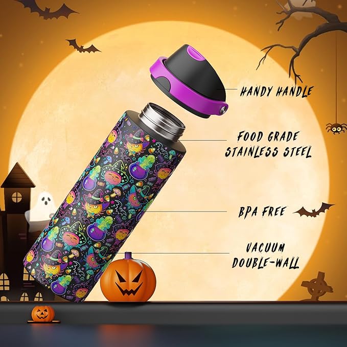 Halloween Insulated Water Bottle with Straw - Stainless Steel Water Bottle with Push Button Lid, Leak-Proof BPA-Free, Keeps Cold for 24 Hours for Halloween gifts, Party (24 oz, Meowgic Night)