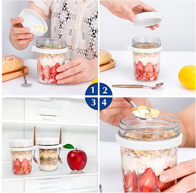 Overnight Oats Jars with Spoon and Lid 16 oz [2 Pack], Airtight Oatmeal Container with Measurement Marks, Mason Jars with Lid for Cereal On The Go Container (2pcs white)