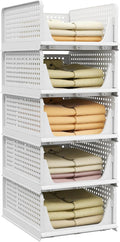 Pinkpum 5 Pack Stackable Plastic Storage Closet Organizers and Storage Bins Drawer Shelf Storage Container for Wardrobe Cupboard Kitchen Bathroom Office White