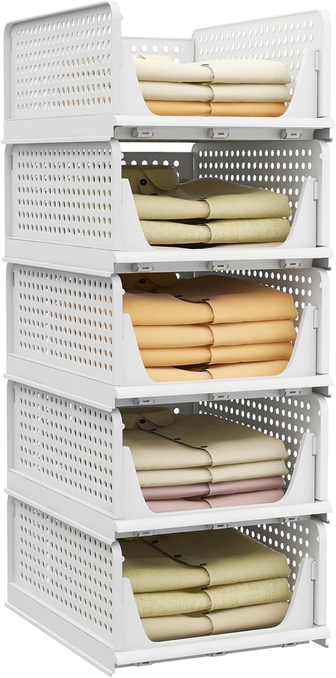 Pinkpum 5 Pack Stackable Plastic Storage Closet Organizers and Storage Bins Drawer Shelf Storage Container for Wardrobe Cupboard Kitchen Bathroom Office White