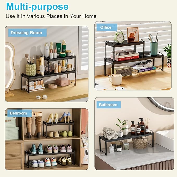 1 Pack Expandable Cabinet Countertop Shelves, Stackable Shelves Organizers for Kitchen Cabinet Countertop Storage, Adjustable Counter Cupboard Pantry Organizer Shelf Rack Stand, Length:25.5"