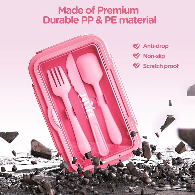 Jelife Kids Lunch Bento Box, Large Bento-Style Leakproof Boxes 4 Compartments Girls Snack Containers with Tableware for Back to School, Reusable On-the-Go Meal and Packing, Pink