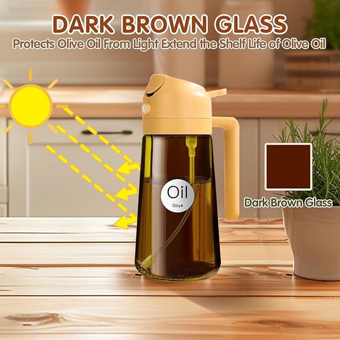 YARRAMATE 16oz/470ml Light Blocking Oil Sprayer for Cooking with Stickers, Food-Grade 2 in 1 Olive Oil Dispenser Bottle for Kitchen, Premium Dark Amber Glass Oil Bottle for Air Fryer, BBQ(Orange)