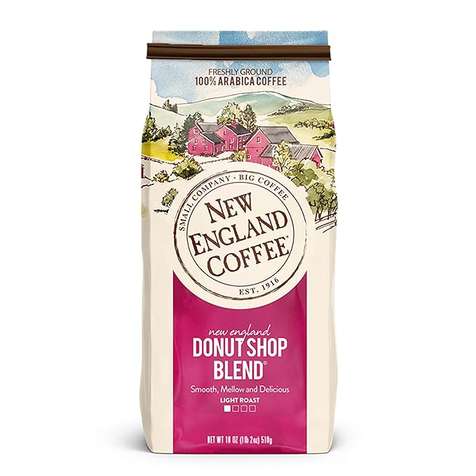 New England Coffee Donut Shop Blend Light Roast Ground Coffee, 18oz Bag (Pack of 1)