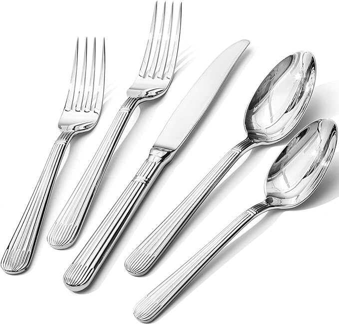 KINGSTONE 10-Piece Silverware Set, 18/10 Stainless Steel Flatware Set - Luxury Elegant Striped Cutlery with Dishwasher Safe, Durable for Family Dining, Catering, Weddings, Anniversaries Gift