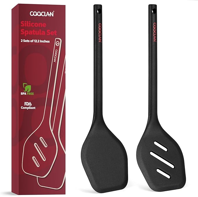 Silicone Spatula Set (BPA-Free), 600°F Heat Resistant Spatulas for Non-Stick Pans, 2 Pack Solid & Slotted Silicone Turner, One-Piece Cooking Spatula Turners for Kitchen Use, Black