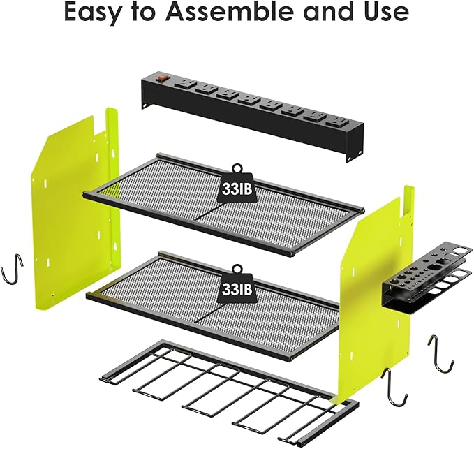 CCCEI Modular Power Tool Organizer Wall Mount with Charging Station. Garage Drill Storage Shelf with Hooks, Heavy Duty Rack, Tool Battery Holder Built in 8 Outlet. Gift for Men. Green, 1 Pack.